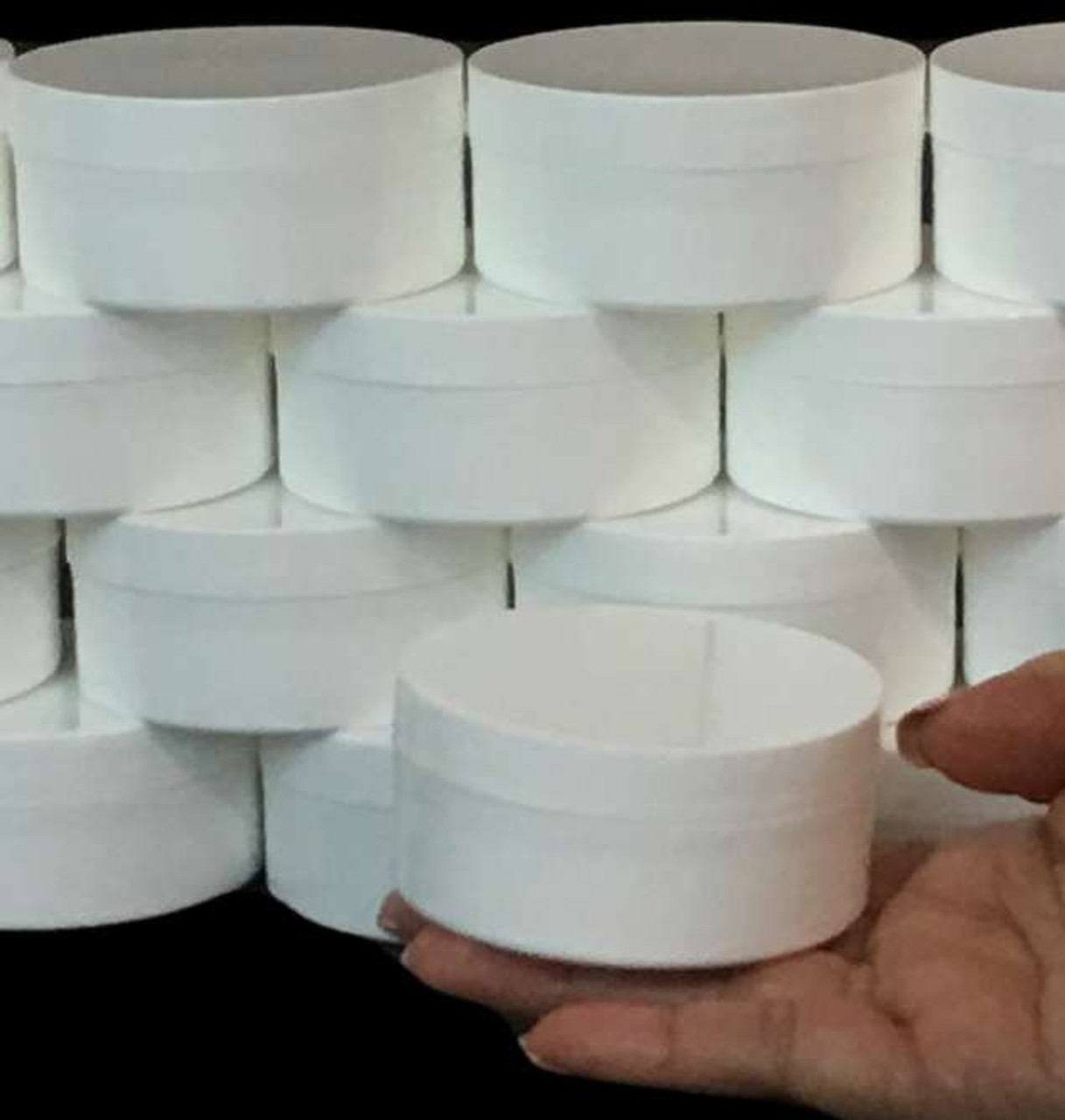 Plastic Cosmetic Containers Low Profile Wide Mouth White Jars with Lids 1  oz. (White / Black Cap) • 9351 / 9352