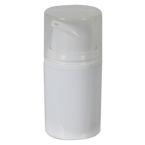 15 ML White Airless Pump Bottle with hood pump and natural cap snapped onto the bottle 15 ML White Airless Pump Bottle with hood pump and natural cap snapped onto the bottle