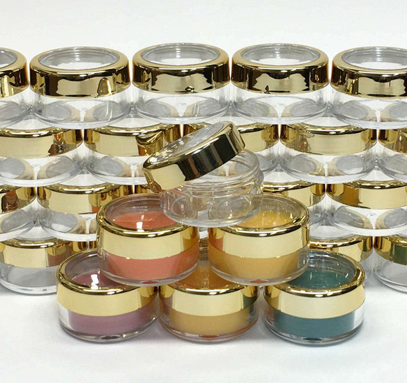 Cosmetic Jars - 10 Gram (Gold Trim / Silver Trim Acrylic Window Caps) • 3012 / 3011 Beauty Makeup Supply