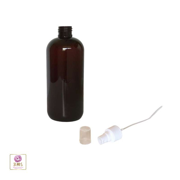 Amber PET Plastic Bottle with the  White Fine Sprayer and a overcap laying next to the 12 oz bottle • 9762SW Beauty-Makeup-Supply Amber PET Plastic Bottle with the  White Fine Sprayer and a overcap laying next to the 12 oz bottle • 9762SW Beauty-Makeup-Supply