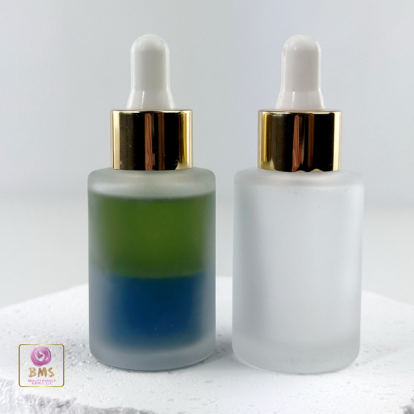 30 ml Frosted Glass Dropper Bottle with Gold Collar, White Silicone Bulb & Glass Pipette • 2030