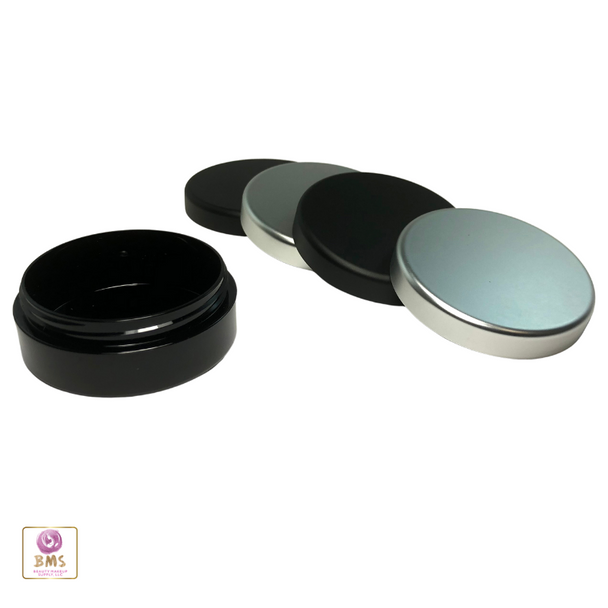  20 Gram Cosmetic Jars Plastic Black Beauty Containers with Matte Black and Silver Lid www.Beauty-Makeup-Supply.com