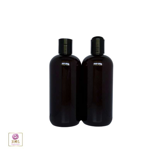 Plastic Bottles PET Boston Round Bottles Black Disc Top - 12 oz (Amber) • 9762DB Beauty Makeup Supply