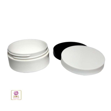 Plastic Cosmetic Containers Low Profile Wide Mouth White Jars with Lids 1  oz. (White / Black Cap) • 9351 / 9352