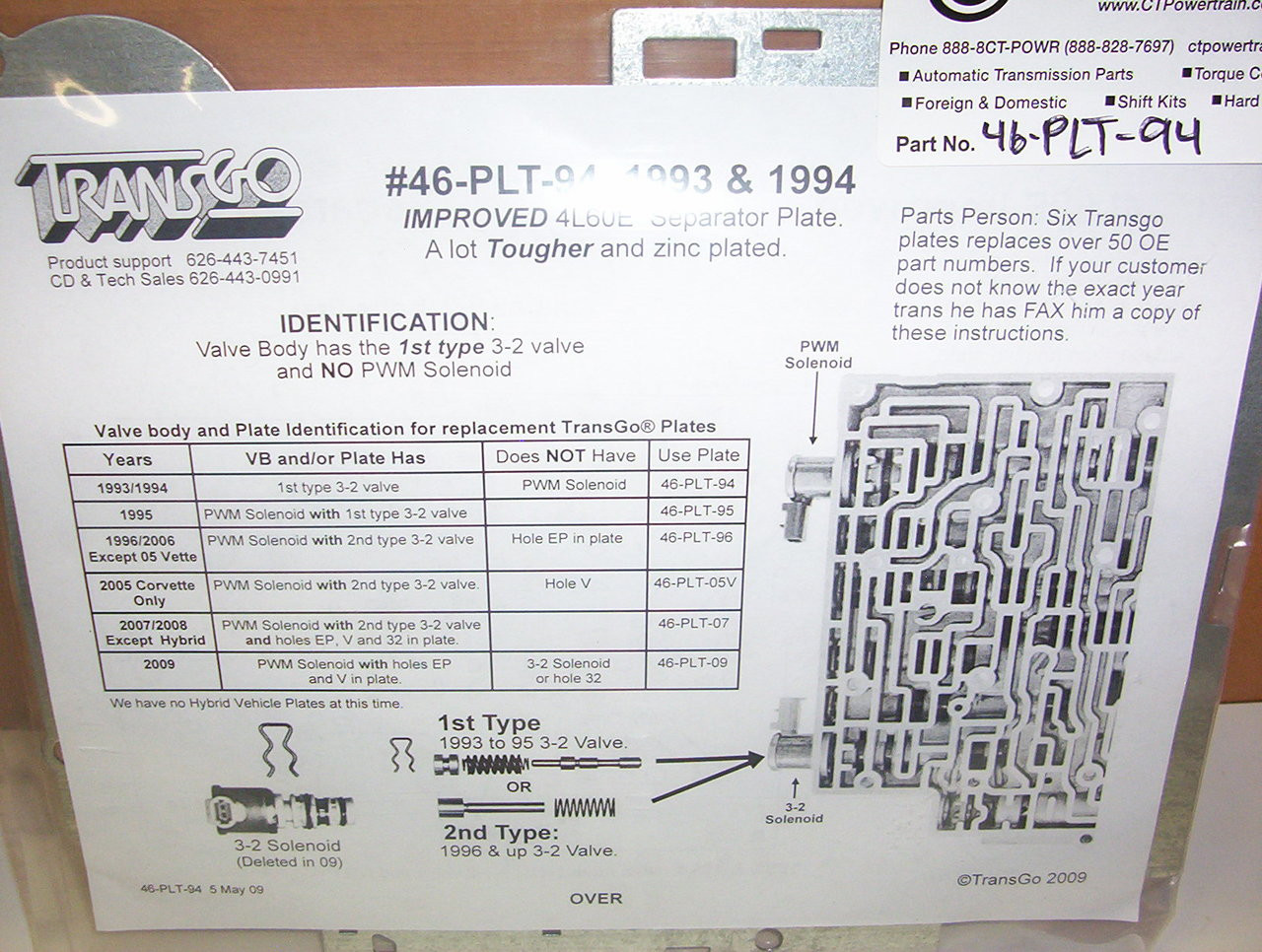 4L60E Transgo 46-PLT-94 1993-1994 Transgo Valve Body Separator Plate 