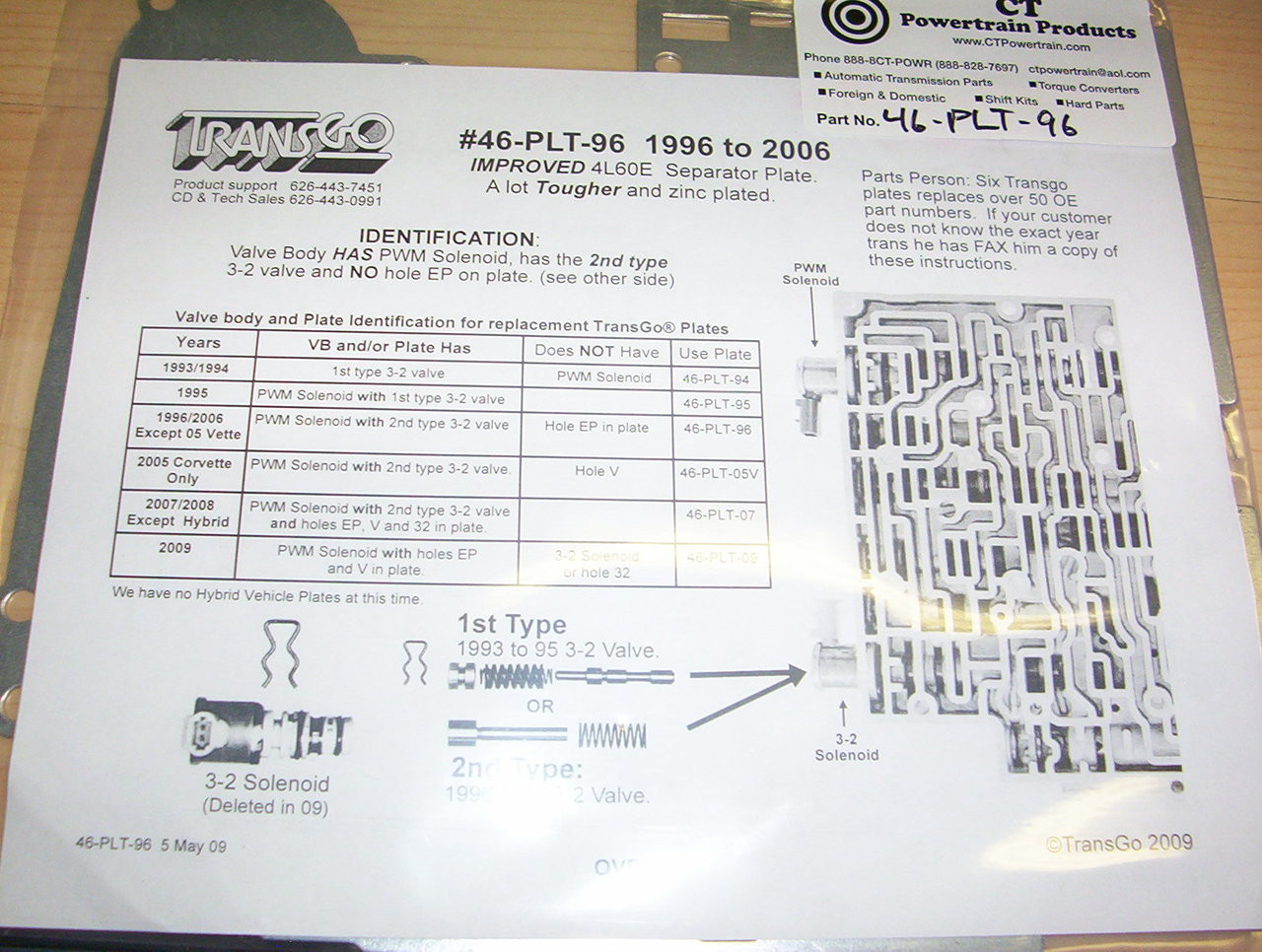 Transgo 46-PLT-95 Valve Body Separator Plate For 4L60E Transmission (1995 Models Only)