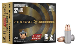Federal Premium Personal Defense 32 ACP 68gr Federal Hydra-Shok Deep JHP 20Rnd Handgun Ammo Federal Premium Personal Defense 32 ACP 68gr Federal Hydra-Shok Deep JHP 20Rnd Handgun Ammo