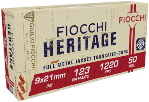 Fiocchi Heritage 9x21mm IMI 123gr FMJ Truncated Cone 50Rnd Handgun Ammunition Nexgen Outfitters