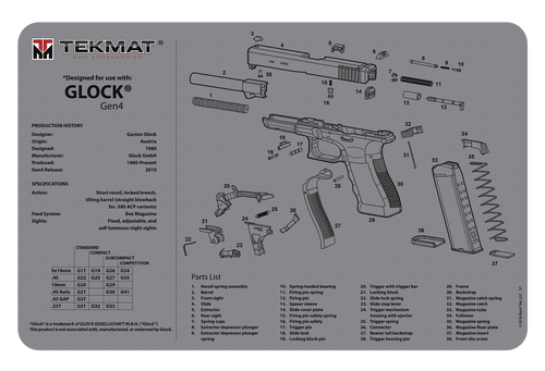 SH117825 TekMat Glock Gen4 Parts Diagram 11"x17" Original Cleaning Mat - Gray Nexgen Outfitters