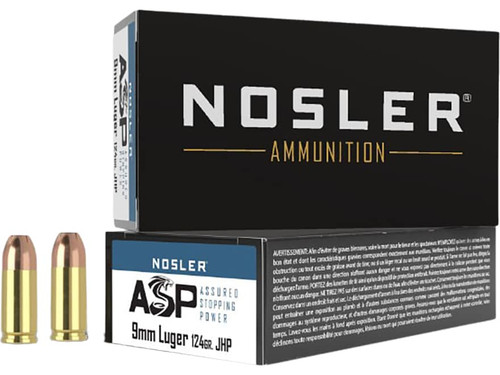 Nosler ASP Ammunition 9mm Luger 124gr Jacketed Hollow Point 50Rnd Handgun Ammo Nexgen Outfitters