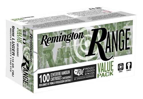 Remington Range 9mm Auto 115gr FMJ 100Rnd Handgun Ammo Nexgen Outfitters