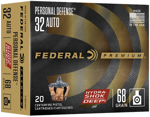 Federal Premium Personal Defense 32 ACP 68gr Federal Hydra-Shok Deep JHP 20Rnd Handgun Ammo