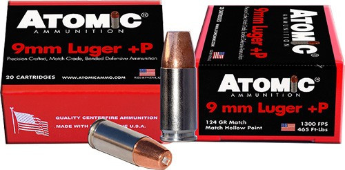 Atomic 9mm Luger +P 124gr Jacketed Hollow Point 20Rnd Handgun Ammo