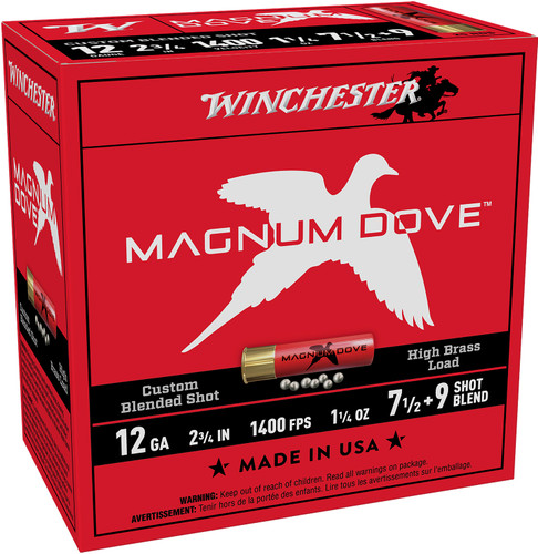 Winchester Magnum Dove 12 Gauge 2-3/4" 1 1/4oz #7-1/2 and #9 Shotgun Ammunition
Winchester Magnum Dove 12 Gauge 2-3/4" 1 1/4oz #7-1/2 and #9 Shotgun Ammunition
