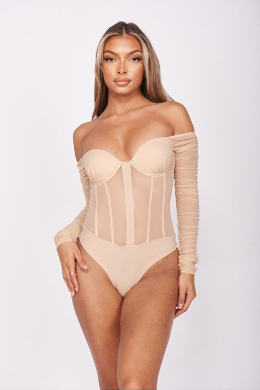 Beige Snake Bodysuit - Sheer Mesh Bodysuit - Long Sleeve Bodysuit - Lulus