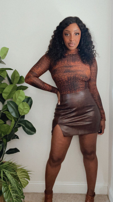 Crocodile Embossed Split Hem Vegan Leather Skirt