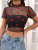 Heart Print Mock Neck Crop Mesh Top Without Bra