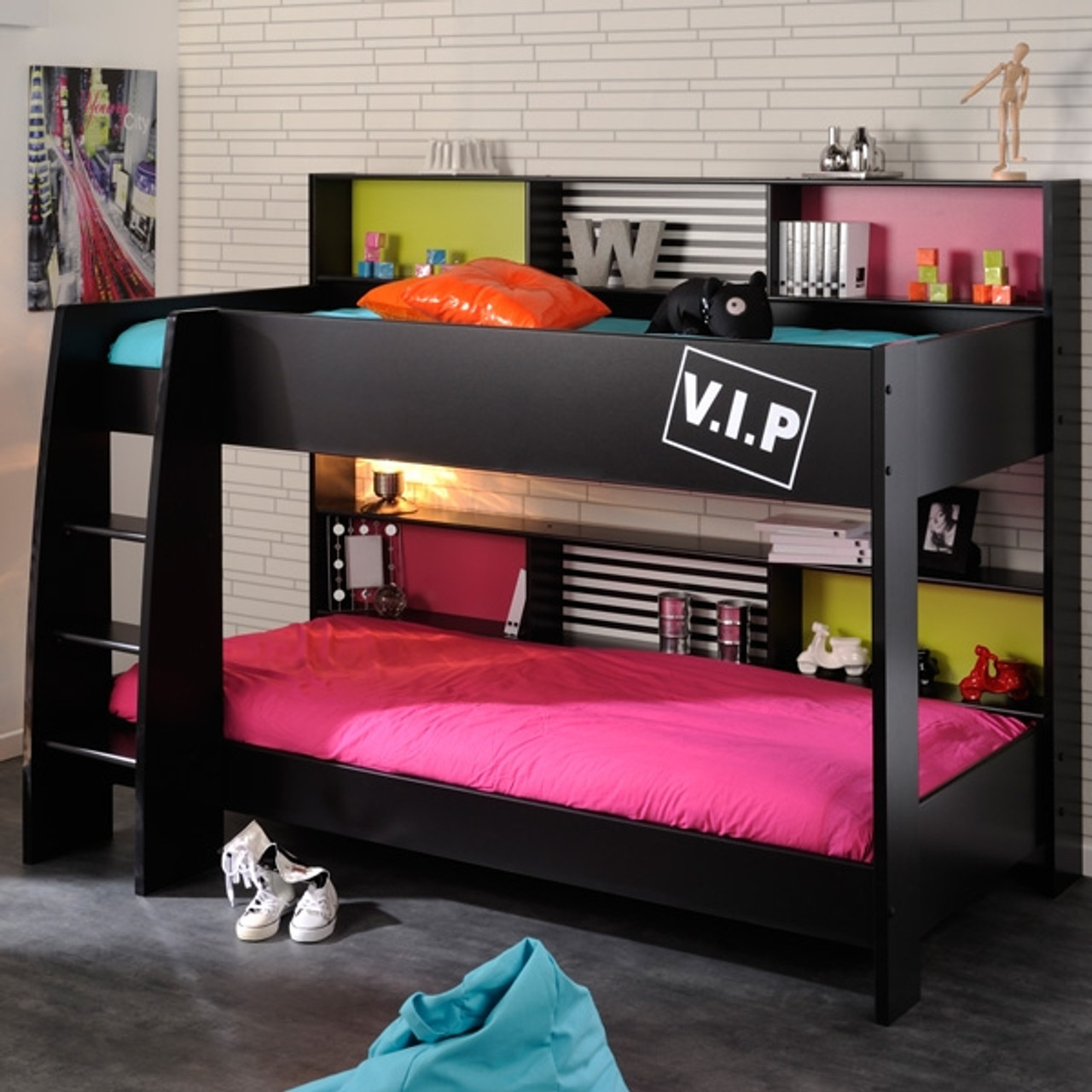 Black bunk beds with shop storage