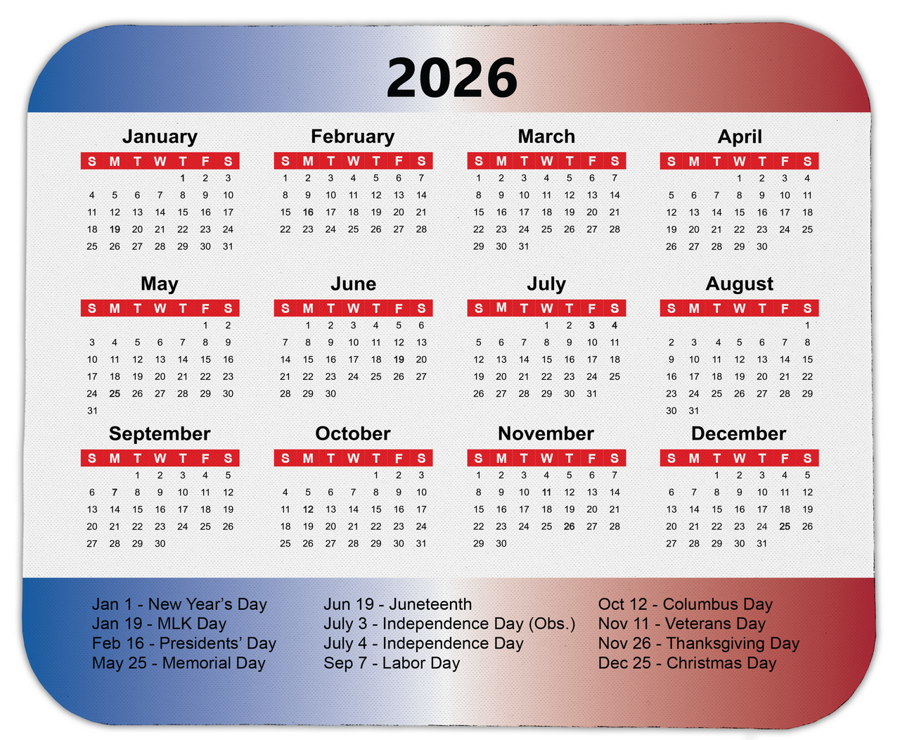 2026 Calendar Mouse Pads