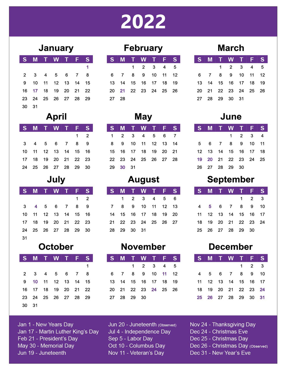 Purple 2022 Magnetic Full Yearly Calendar