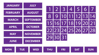 Purple Whiteboard Calendar Magnet Non Abbreviated Bundle (Months, Days of The Week, Dates 1-31)