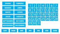 Cyan Whiteboard Calendar Magnet Non-Abbreviated Spanish Bundle (Dates, Days of The Week, Months) By DCM Solutions