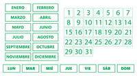 Green Inverted Whiteboard Calendar Magnet Non-Abbreviated Spanish Bundle (Dates, Days of The Week, Months) By DCM Solutions