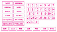 Pink Inverted Whiteboard Calendar Magnet Non-Abbreviated Spanish Bundle (Dates, Days of The Week, Months) By DCM Solutions