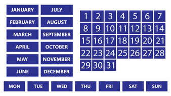 Blue Whiteboard Calendar Magnet Non Abbreviated Bundle (Months, Days of The Week, Dates 1-31)