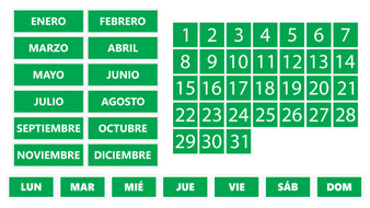Green Whiteboard Calendar Magnet Non-Abbreviated Spanish Bundle (Dates, Days of The Week, Months) By DCM Solutions