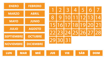 Orange Whiteboard Calendar Magnet Non-Abbreviated Spanish Bundle (Dates, Days of The Week, Months) By DCM Solutions