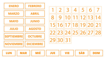 Orange Inverted Whiteboard Calendar Magnet Non-Abbreviated Spanish Bundle (Dates, Days of The Week, Months) By DCM Solutions