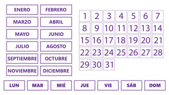 Purple Inverted Whiteboard Calendar Magnet Non-Abbreviated Spanish Bundle (Dates, Days of The Week, Months) By DCM Solutions