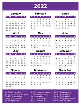 Purple Magnetic Whiteboard Calendar Full Year 2022