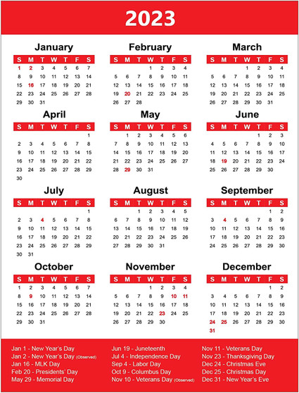 Red 2023 Full Yearly Calendar Sticker