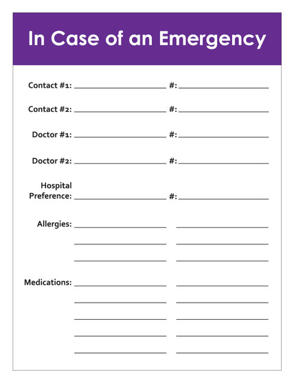 Purple emergency contact sign