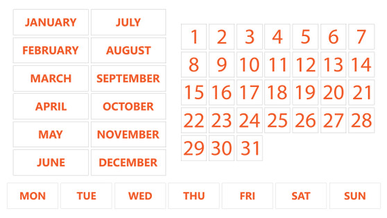 Burnt Orange Inverted Whiteboard Calendar Magnet Non Abbreviated Bundle (Months, Days of The Week, Dates 1-31)