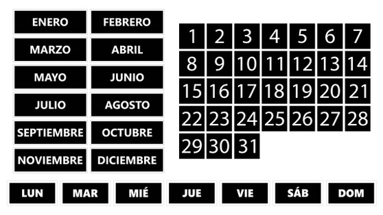 Black Whiteboard Calendar Magnet Non-Abbreviated Spanish Bundle (Dates, Days of The Week, Months) By DCM Solutions