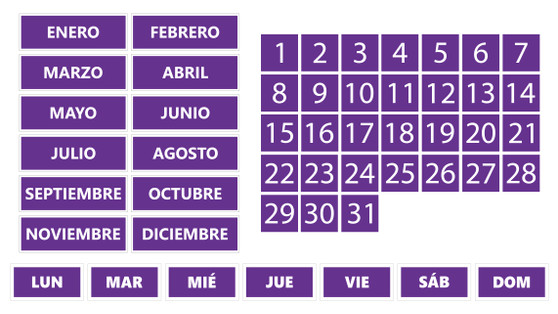 Purple Whiteboard Calendar Magnet Non-Abbreviated Spanish Bundle (Dates, Days of The Week, Months) By DCM Solutions