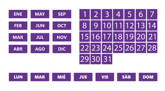 Purple Whiteboard Calendar Magnet Spanish Bundle (Dates, Days of The Week, Months) By DCM Solutions