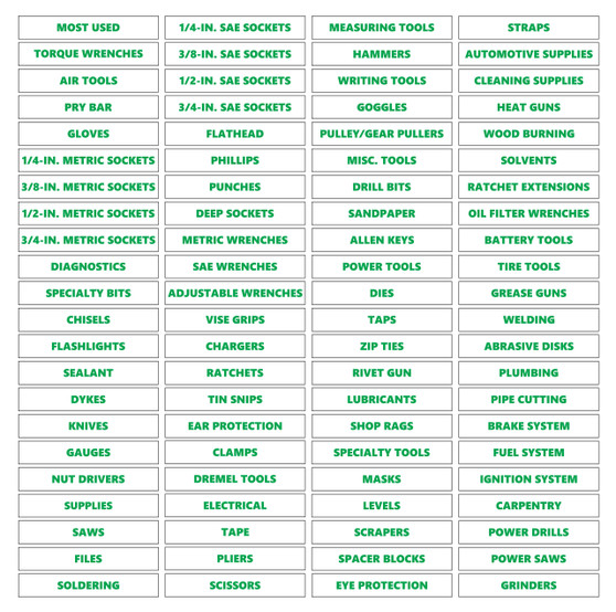 Green Inverted Tool Box Organizational Sticker Labels Premium Set by DCM Solutions