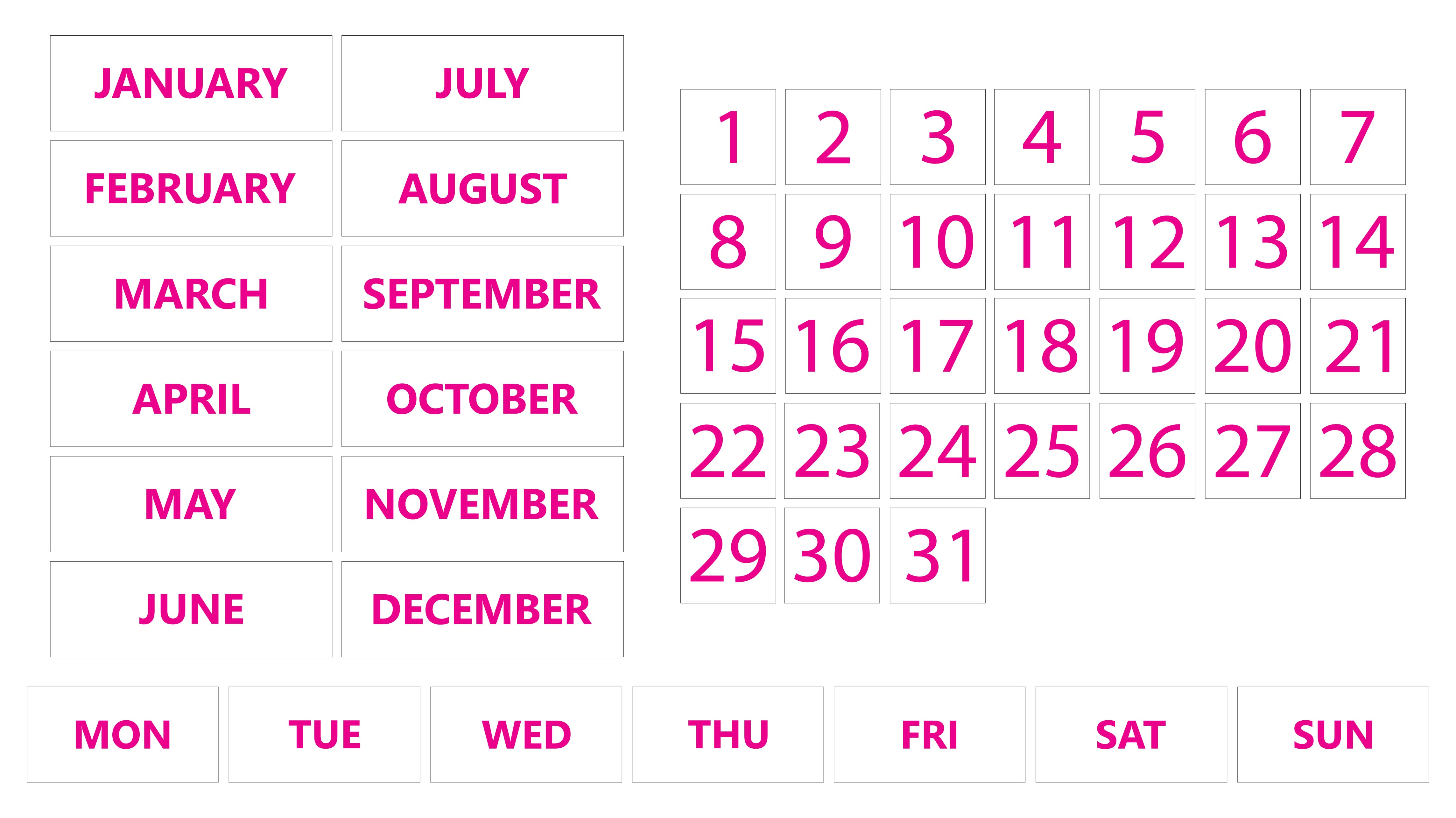 Pink Inverted Calendar Magnet Non Abbreviated Bundle (Dates Days of
