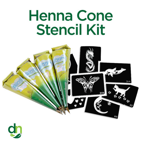 Henna cone stencil kit with ready-to-use henna cones and peel-and-stick stencils for fast and clean body art designs