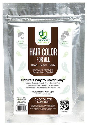 Chocolate Dark Brown Natural Hair & Beard Dye Front Package by Discovery Naturals.