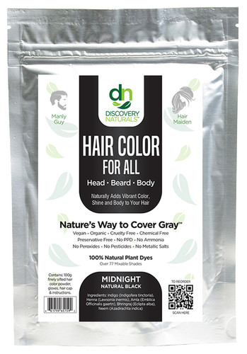 Hair Color for All Midnight Natural Black Front Label by Discovery Naturals.