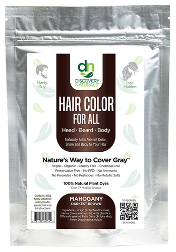 Mahogany Darkest Brown Natural Hair Dye Package by Discovery Naturals.