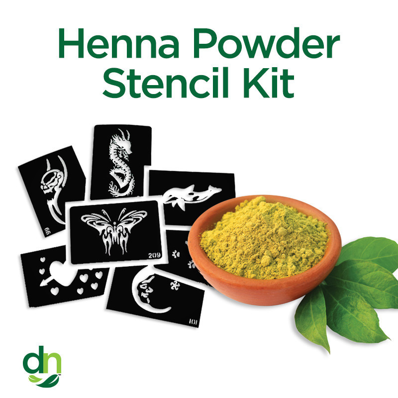 Henna powder stencil kit with natural henna powder and assorted henna tattoo stencils for DIY body art