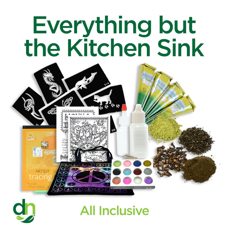 Everything But the Kitchen Sink Henna Kit with professional henna supplies and tools for mixing and applying designs