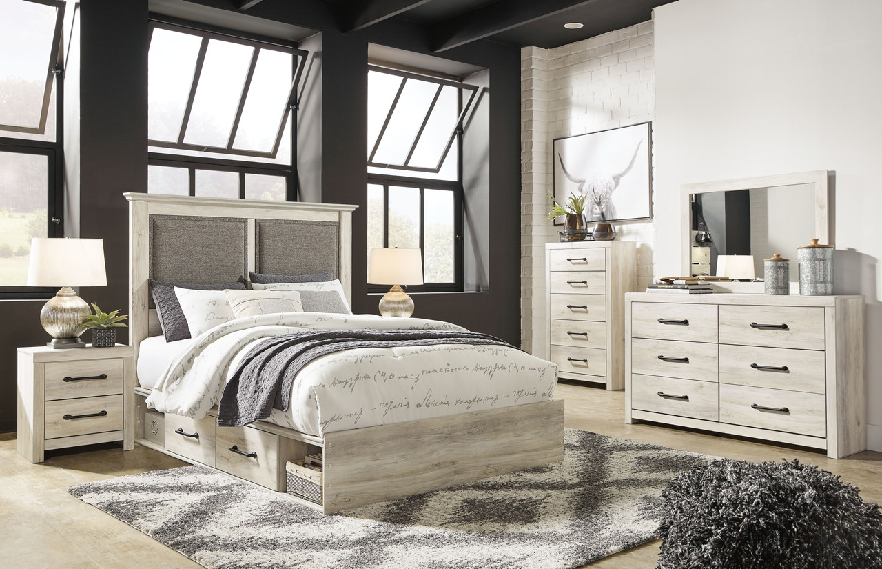 Cambeck Whitewash 7 Pc. Dresser Mirror Queen Uph Panel Bed With 2 Side Storage