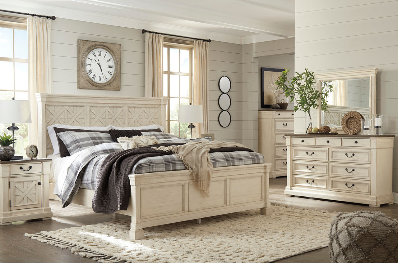 The Bolanburg Two-tone 5 Pc. Dresser, Mirror & Queen Panel Bed available at  Mattress Express serving Meridian and Hattiesburg, MS.